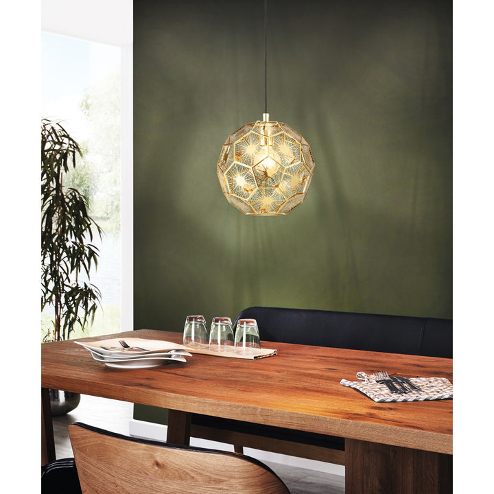 1 Light Pendant W/ Black Finish & Geometric Shaped Brass Colored Shade