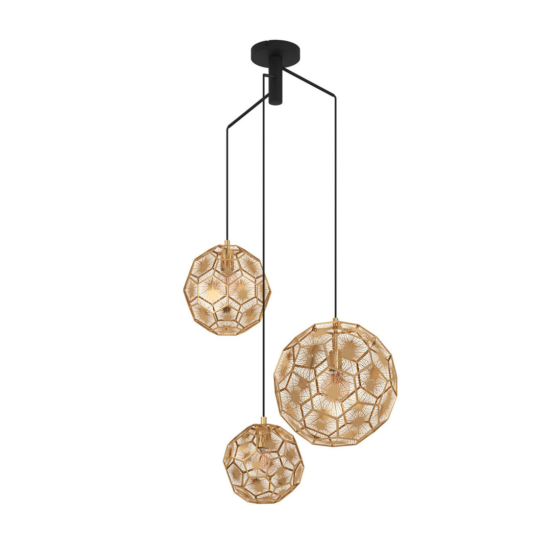 3 Light Round Cascade Pendant W/ Black Finish & Brass Geometric Design Shades by Eglo