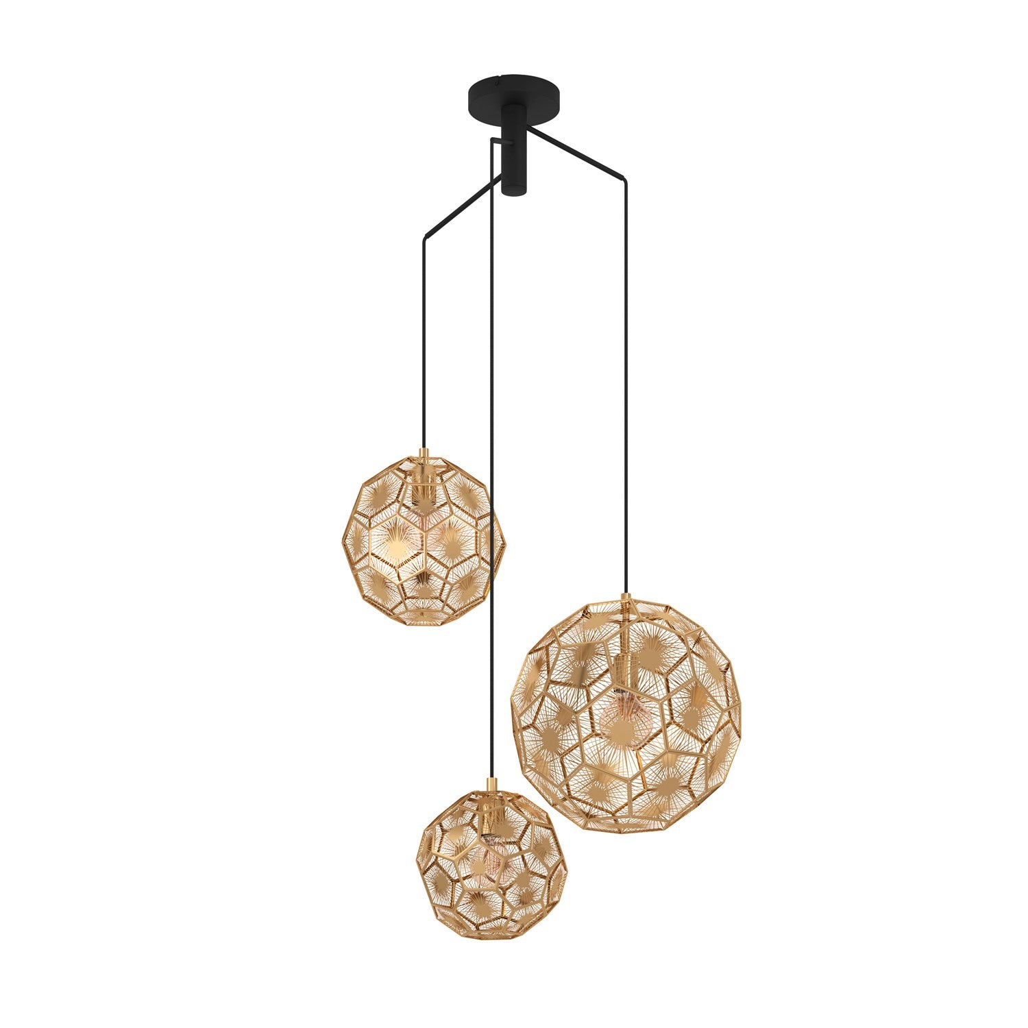 3 Light Round Cascade Pendant W/ Black Finish & Brass Geometric Design Shades by Eglo