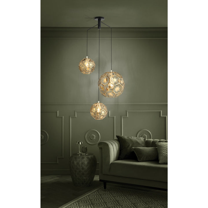 3 Light Round Cascade Pendant W/ Black Finish & Brass Geometric Design Shades
