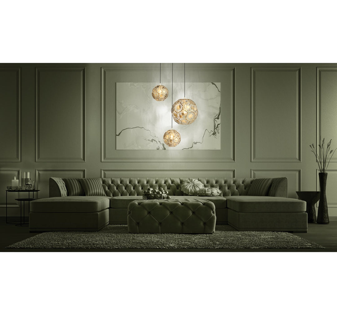 3 Light Round Cascade Pendant W/ Black Finish & Brass Geometric Design Shades