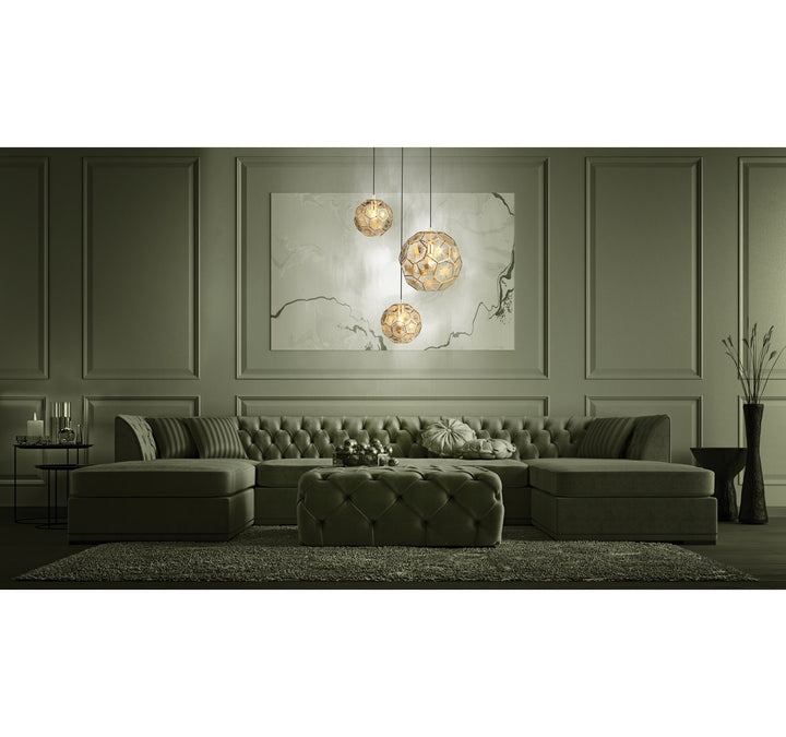 3 Light Round Cascade Pendant W/ Black Finish & Brass Geometric Design Shades