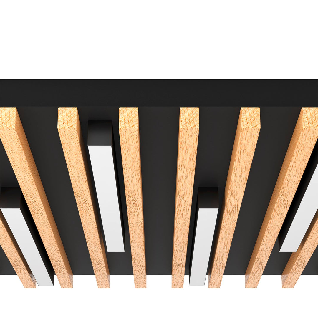 Led Square Ceiling Light W/ Black Metal Body & Oak Veneer Elements