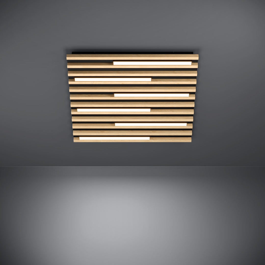 Led Square Ceiling Light W/ Black Metal Body & Oak Veneer Elements