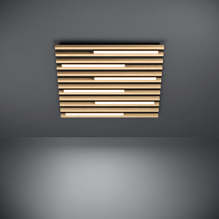 Led Square Ceiling Light W/ Black Metal Body & Oak Veneer Elements