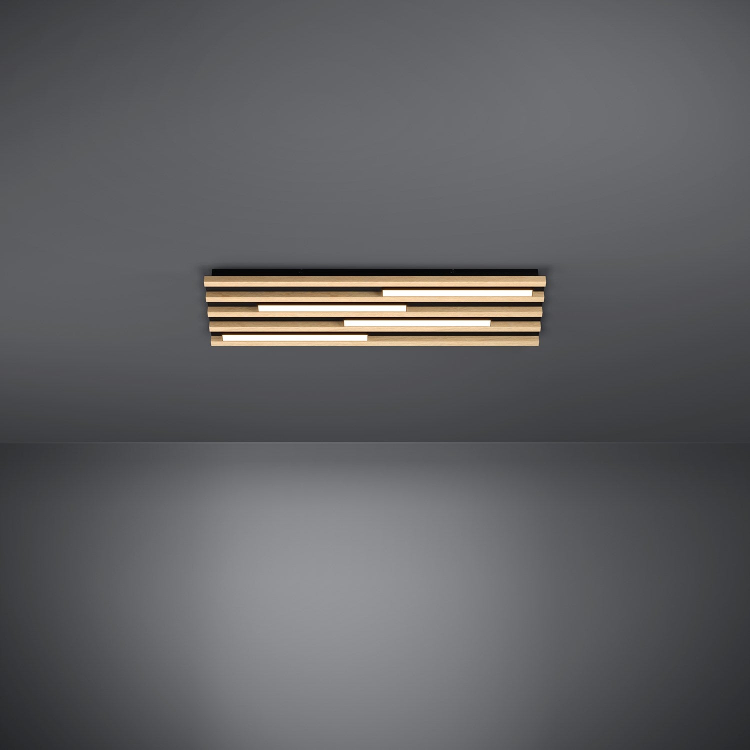 Led Rectangle Ceiling Light W/ Black Metal Body & Oak Veneer Elements