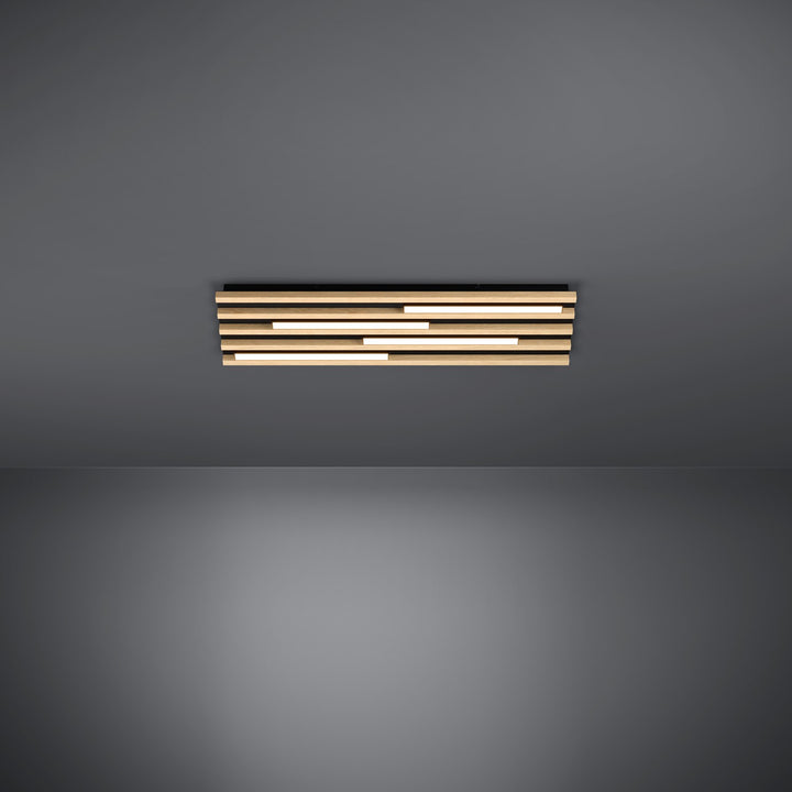 Led Rectangle Ceiling Light W/ Black Metal Body & Oak Veneer Elements
