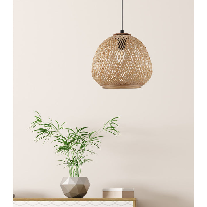 1 Light Pendant W/ A Black Finish & Natural Wood Dome Shaped Shade