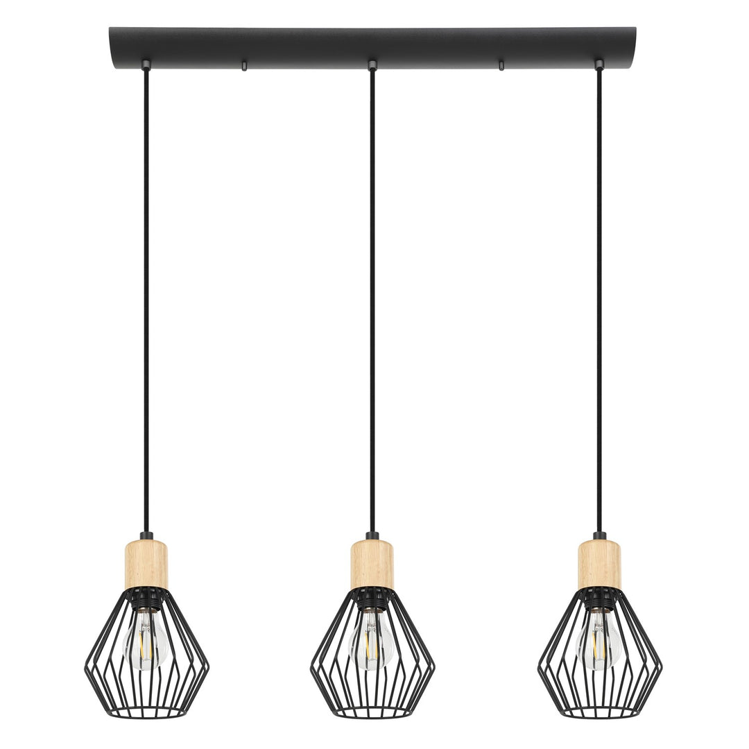 3 Light Linear Pendant W/ Black Finish & Open Frame Black Shades W/ Wood Accents by Eglo
