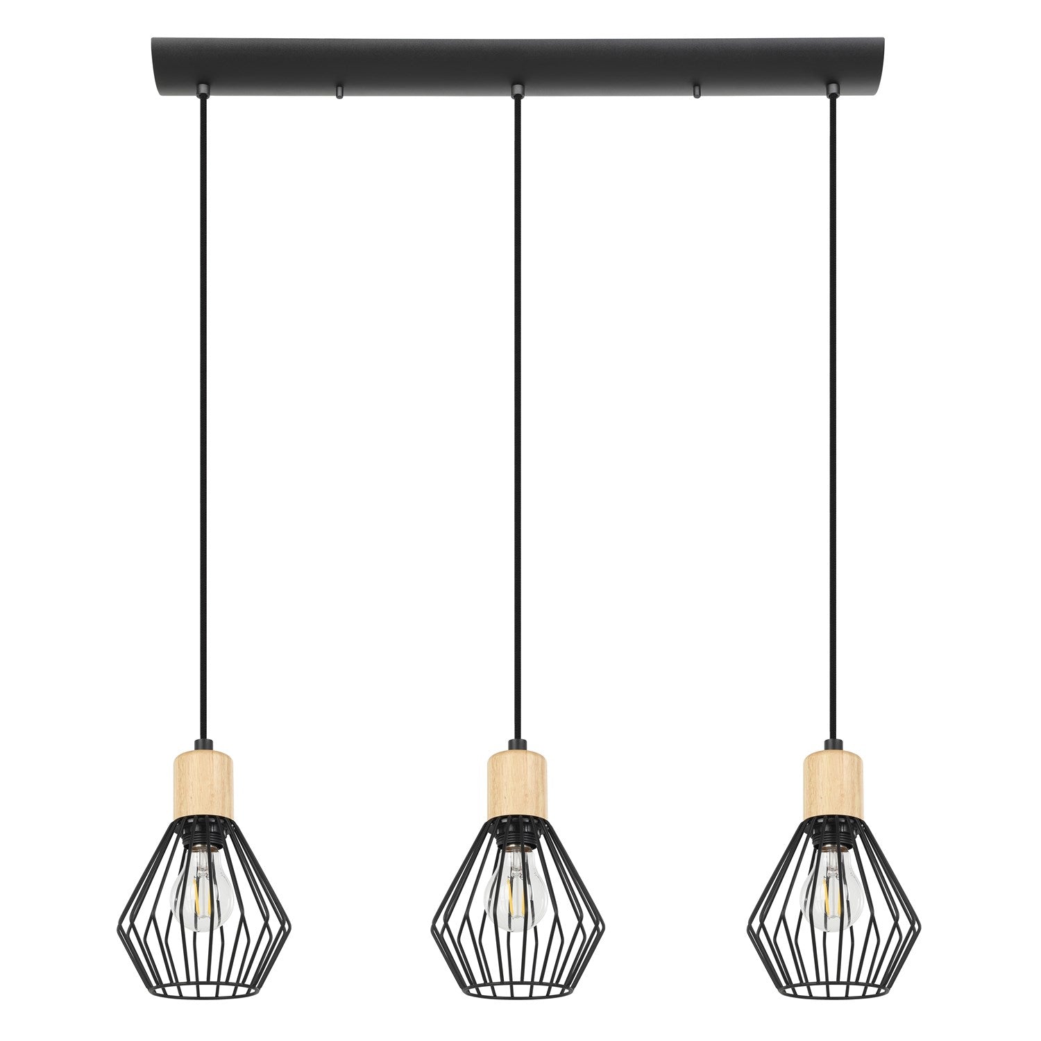 3 Light Linear Pendant W/ Black Finish & Open Frame Black Shades W/ Wood Accents by Eglo