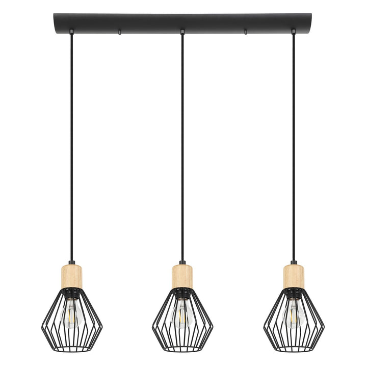 3 Light Linear Pendant W/ Black Finish & Open Frame Black Shades W/ Wood Accents by Eglo