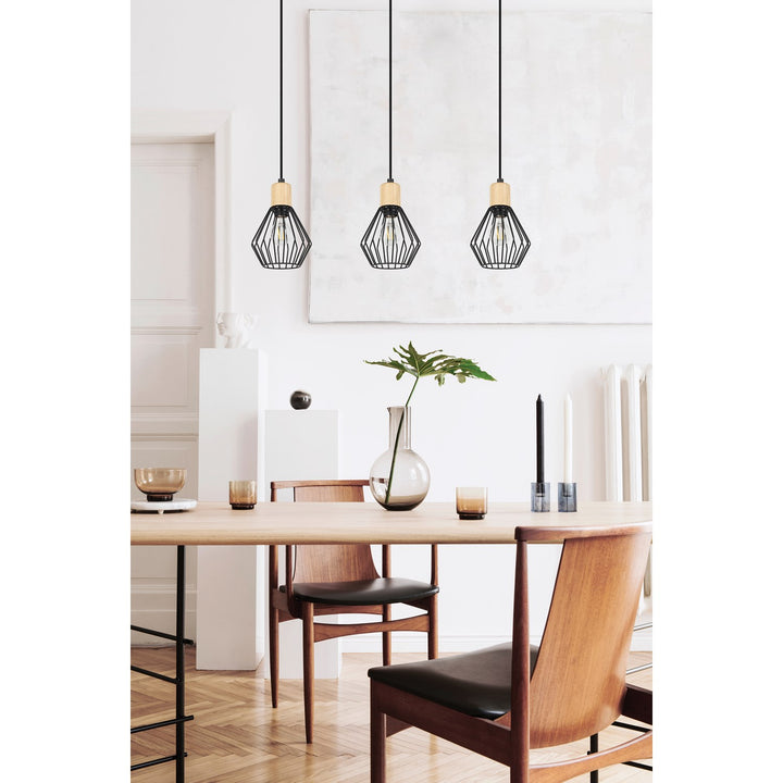 3 Light Linear Pendant W/ Black Finish & Open Frame Black Shades W/ Wood Accents