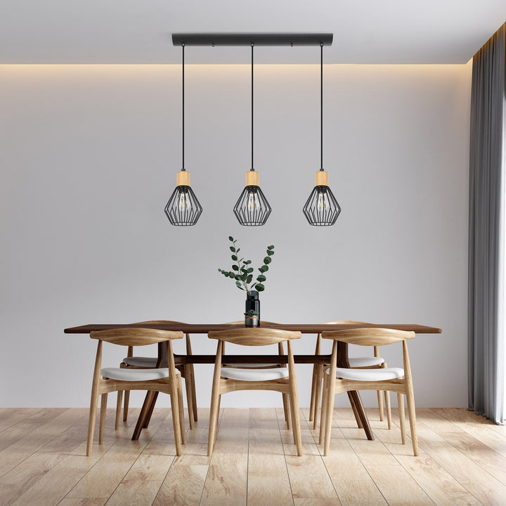 3 Light Linear Pendant W/ Black Finish & Open Frame Black Shades W/ Wood Accents
