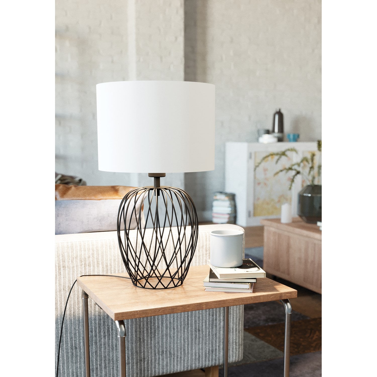 1 Light Table Lamp W/ Black Wire Frame Base & White Fabric Shade