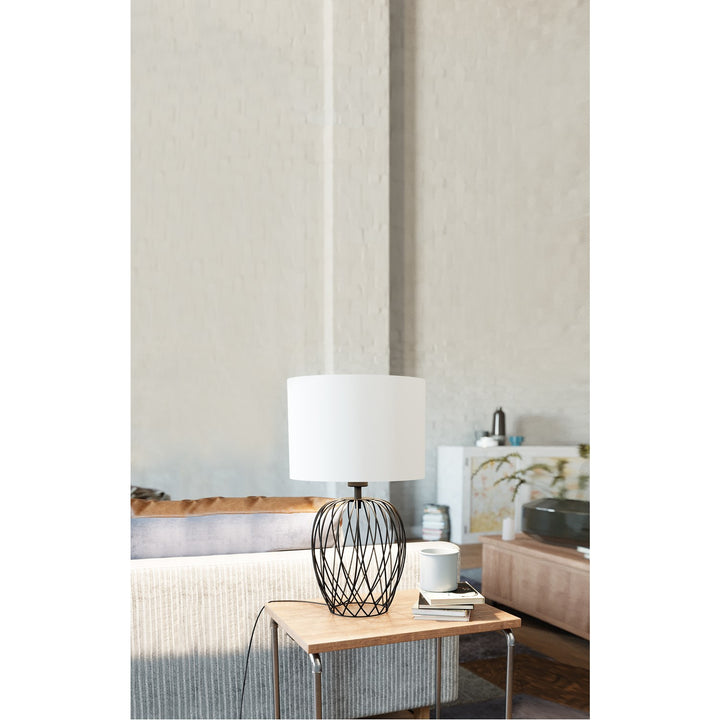 1 Light Table Lamp W/ Black Wire Frame Base & White Fabric Shade