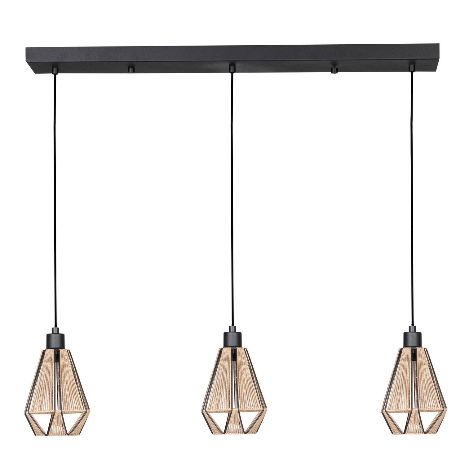 3 Light Linear Pendant W/ Black Finish And Natural Fabric Shades by Eglo