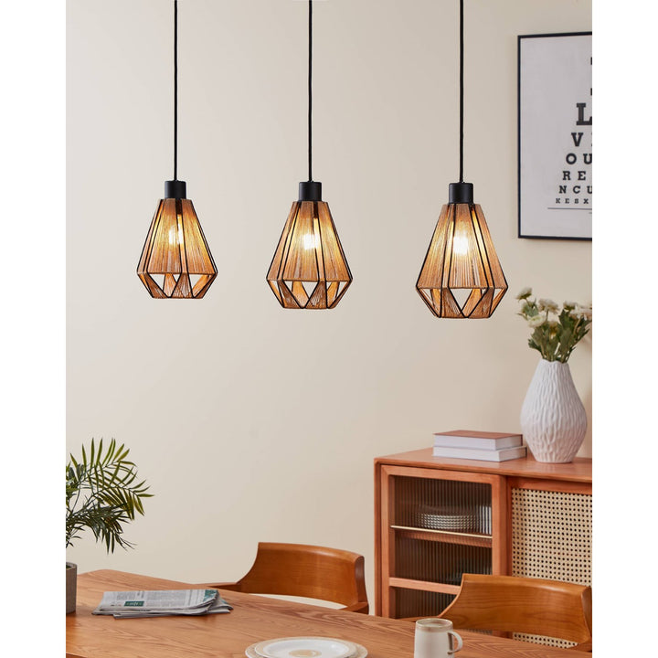 3 Light Linear Pendant W/ Black Finish And Natural Fabric Shades