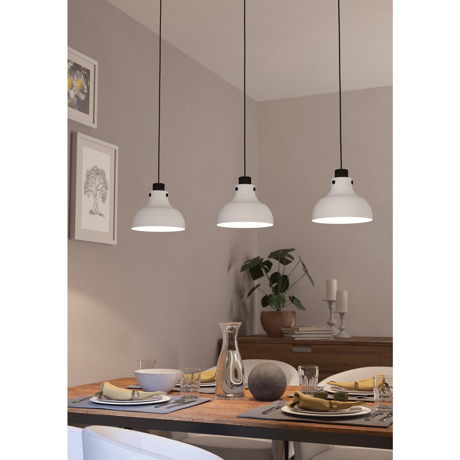3 Light Linear Pendant W/ Black Finish & Light Grey Metal Shades