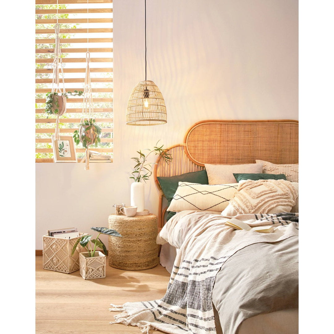 1 Light Pendant W/ Black Finish & Natural Color Ratan Shade