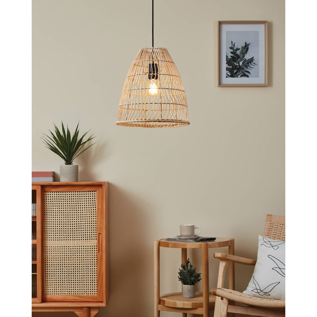 1 Light Pendant W/ Black Finish & Natural Color Ratan Shade