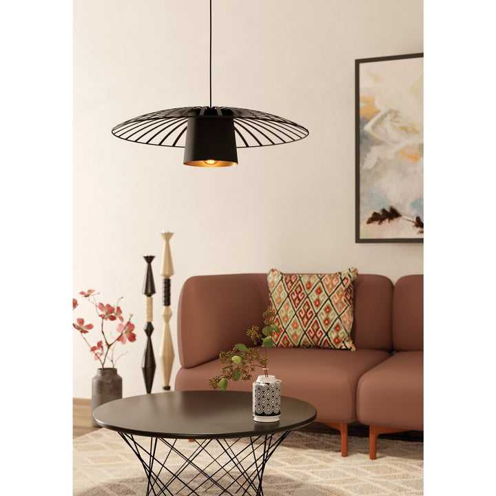 1 Light Pendant W/ Black Finish & Black W/ Gold Interior Metal Shade