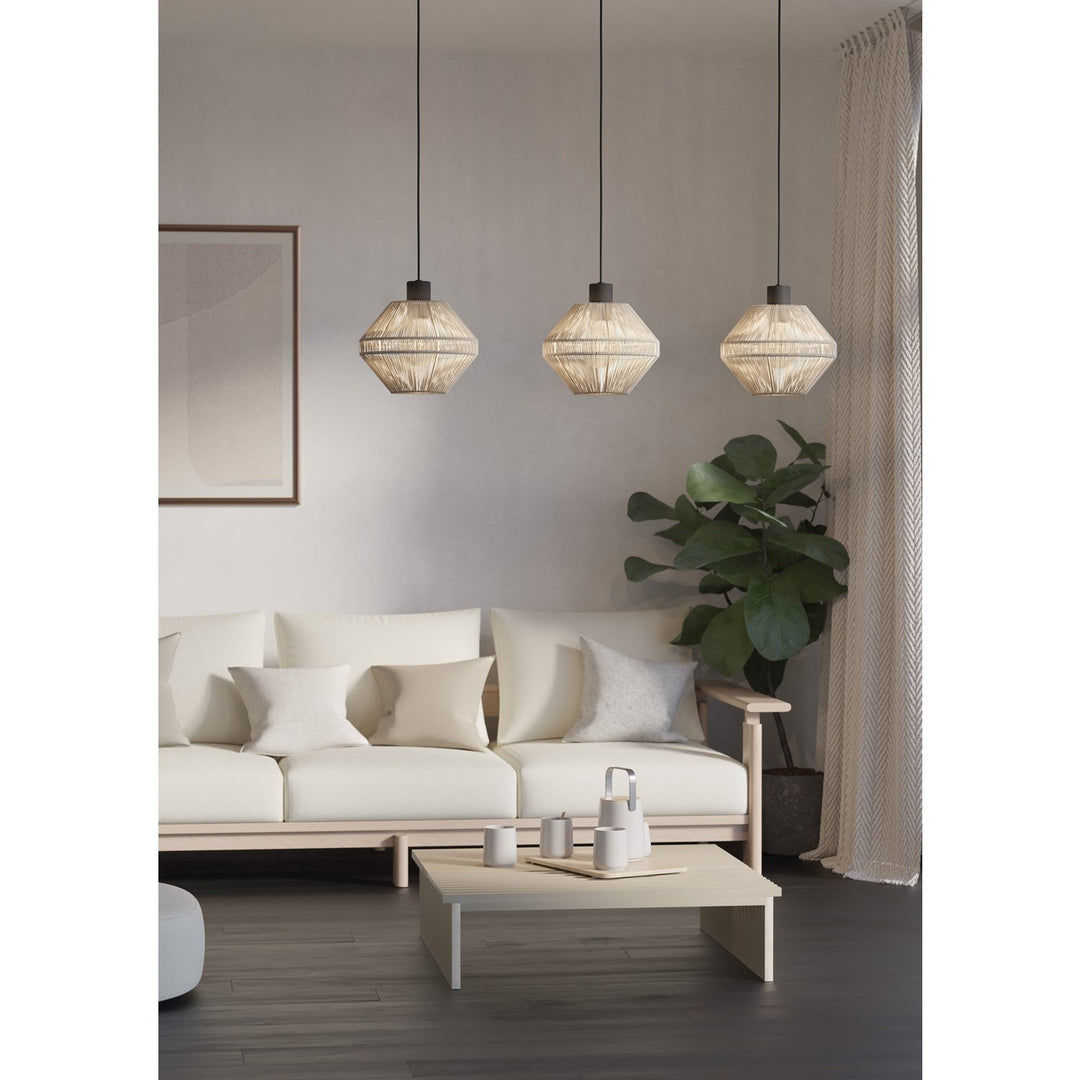3 Light Linear Pendant W/ Black Finish & Cream Jutetextile Shades