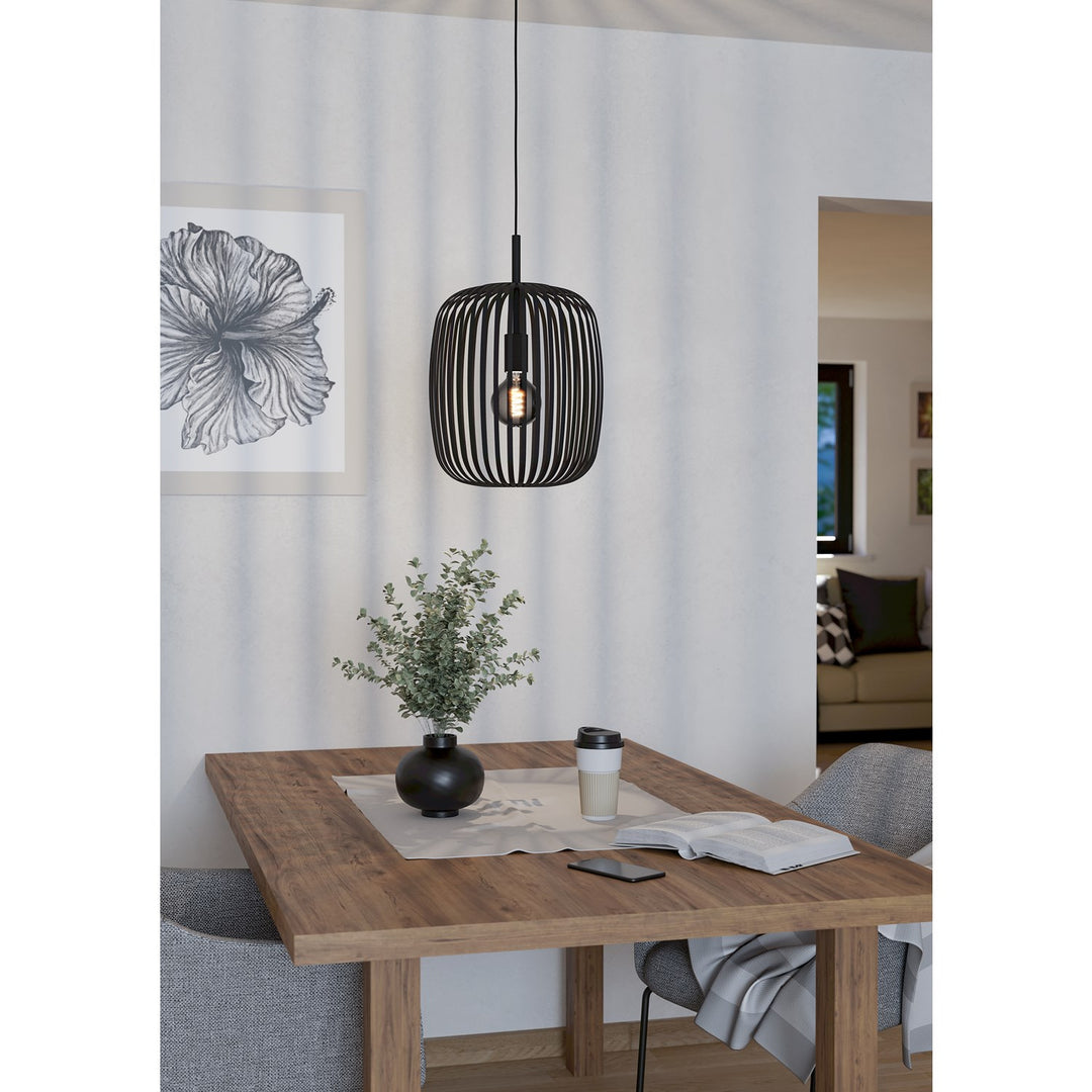 1 Light Cage Pendant W/ Black Finish & Black Shade