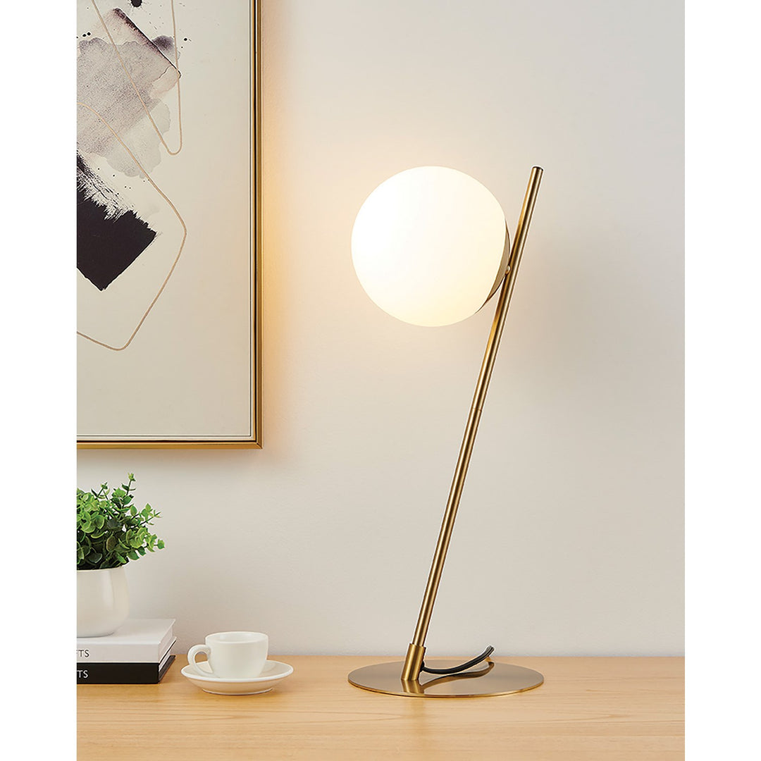 1 Light Table Lamp W/ Brushed Gold Finish & White Glass Sphere Shade