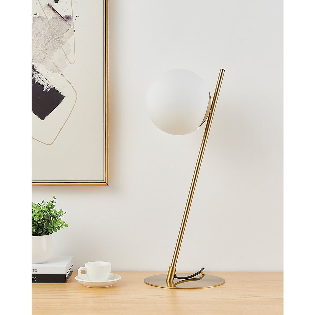 1 Light Table Lamp W/ Brushed Gold Finish & White Glass Sphere Shade