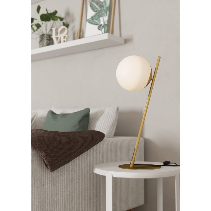 1 Light Table Lamp W/ Brushed Gold Finish & White Glass Sphere Shade