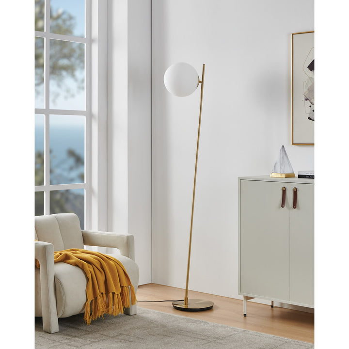 1 Light Floor Lamp W/ Brushed Gold Finish & White Glass Sphere Shade
