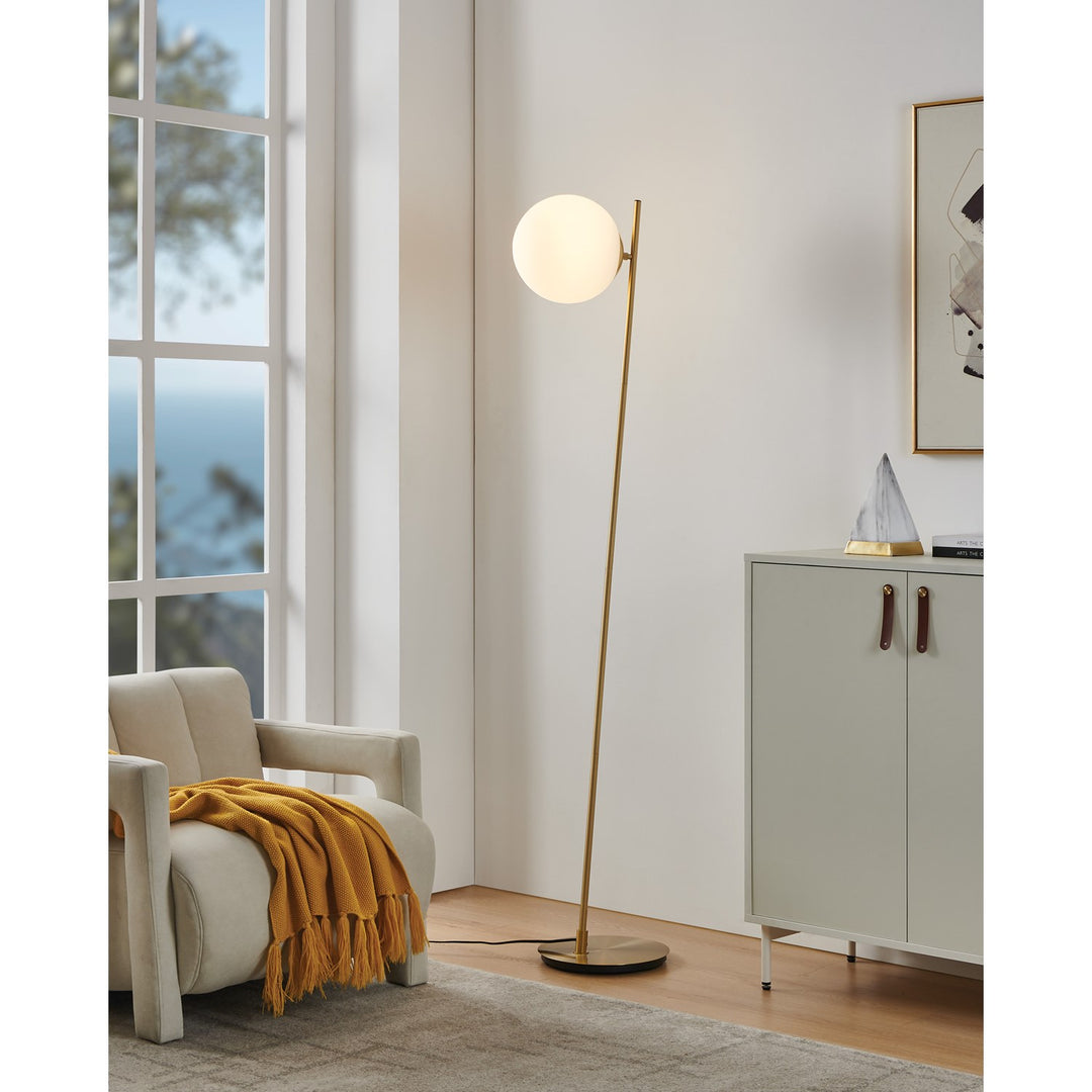 1 Light Floor Lamp W/ Brushed Gold Finish & White Glass Sphere Shade