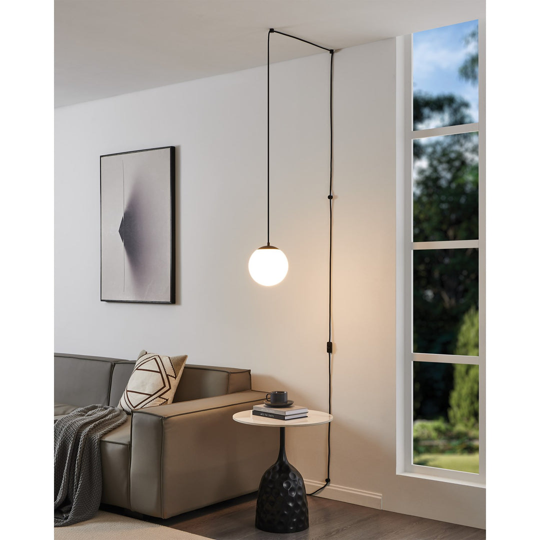 1 Light Pendant W/ Black Finish & White Sphere Shade