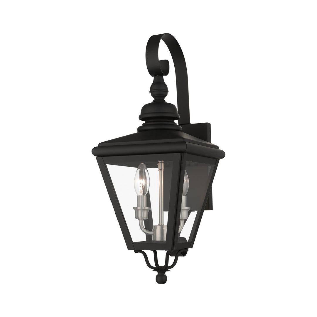 2 Light Black Outdoor Medium Wall Lantern With Brushed Nickel Finish Cluster