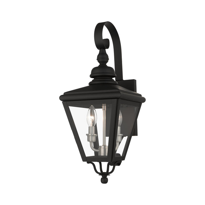 2 Light Black Outdoor Medium Wall Lantern With Brushed Nickel Finish Cluster