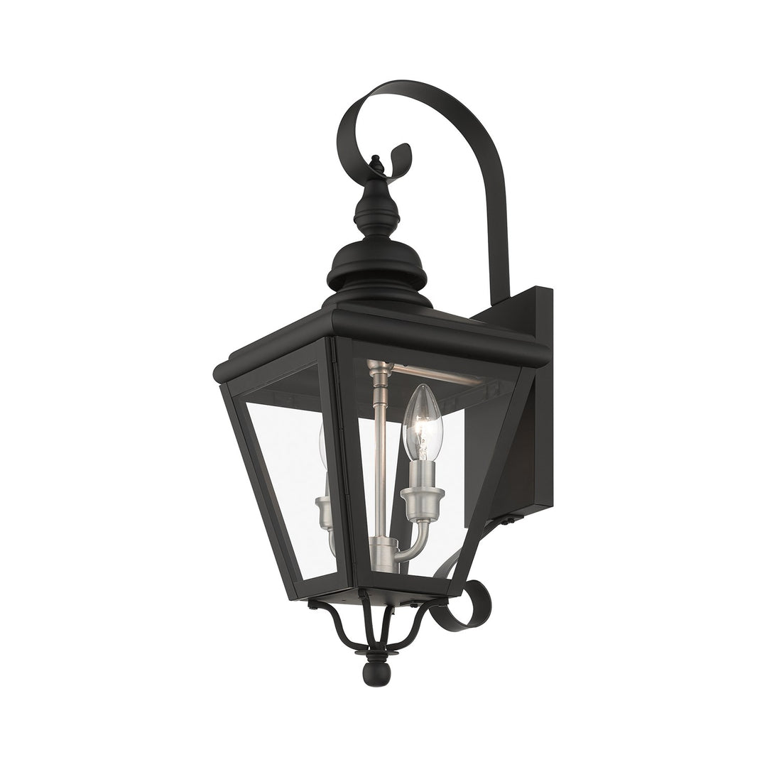 2 Light Black Outdoor Medium Wall Lantern With Brushed Nickel Finish Cluster