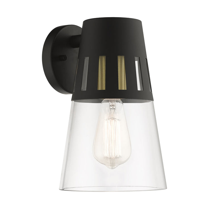 1 Light Black Outdoor Medium Wall Lantern With Soft Gold Finish Accents by Livex Lighting