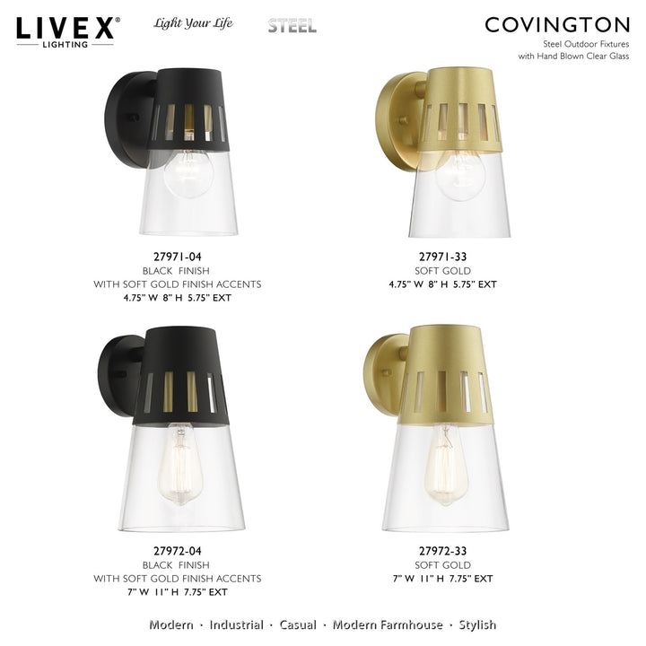 1 Light Black Outdoor Medium Wall Lantern With Soft Gold Finish Accents