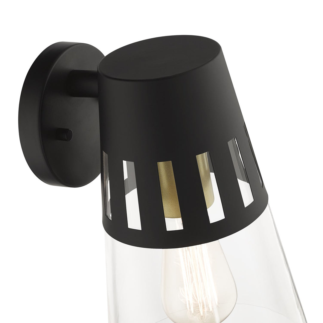 1 Light Black Outdoor Medium Wall Lantern With Soft Gold Finish Accents