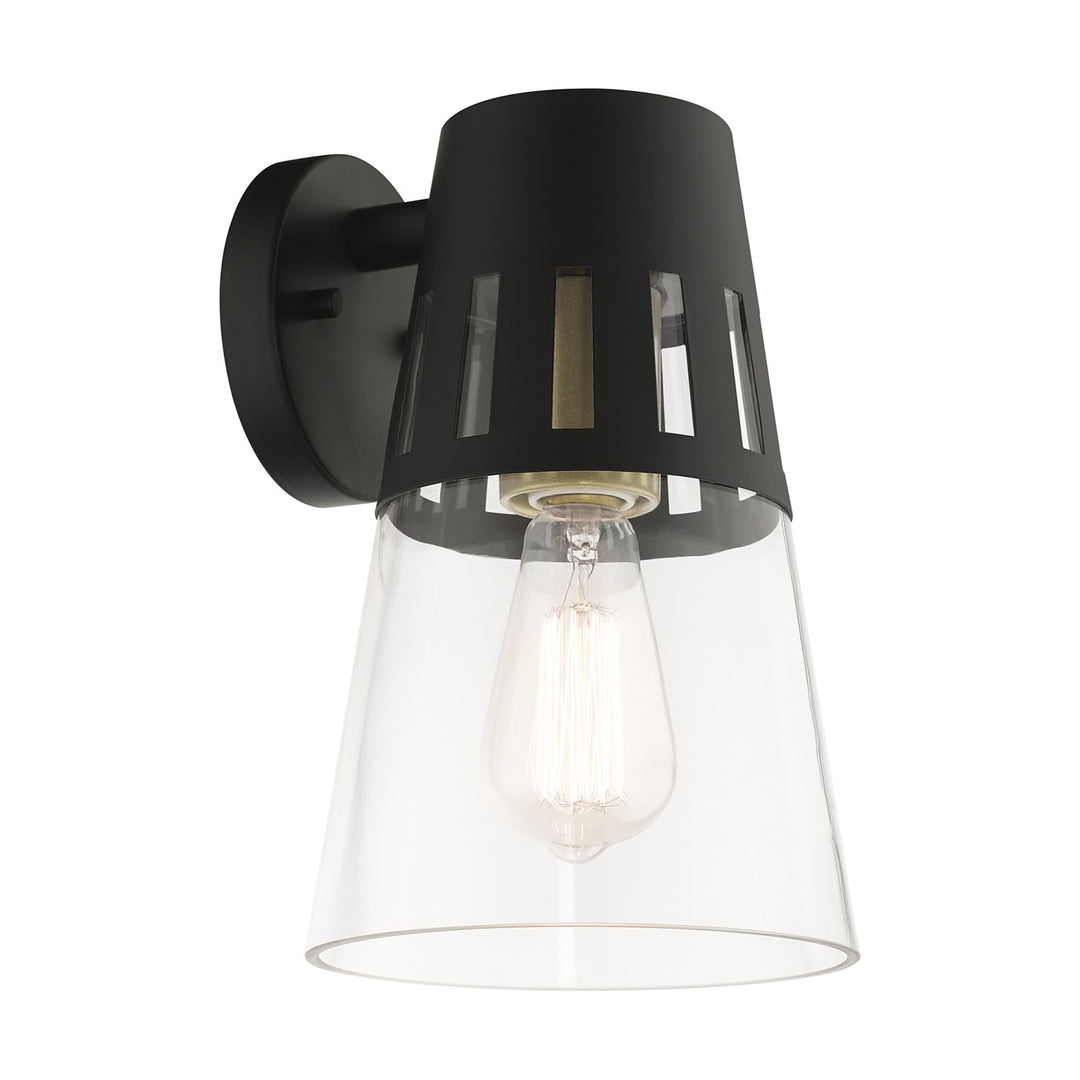1 Light Black Outdoor Medium Wall Lantern With Soft Gold Finish Accents