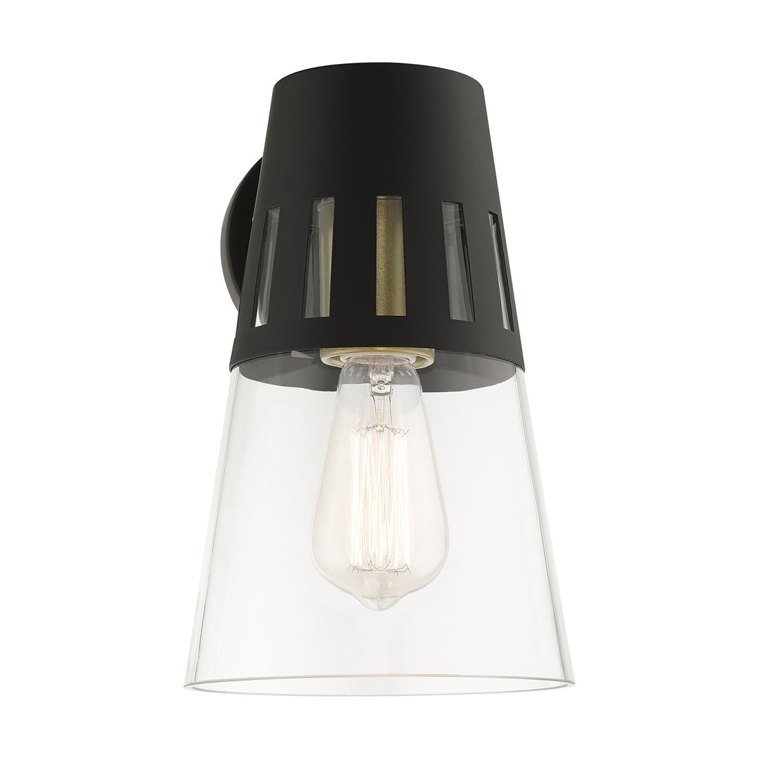 1 Light Black Outdoor Medium Wall Lantern With Soft Gold Finish Accents