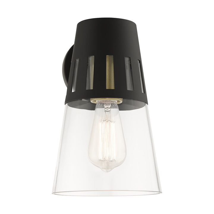 1 Light Black Outdoor Medium Wall Lantern With Soft Gold Finish Accents
