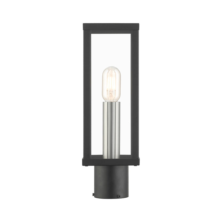 1 Light Black Outdoor Post Top Lantern With Brushed Nickel Finish Accents