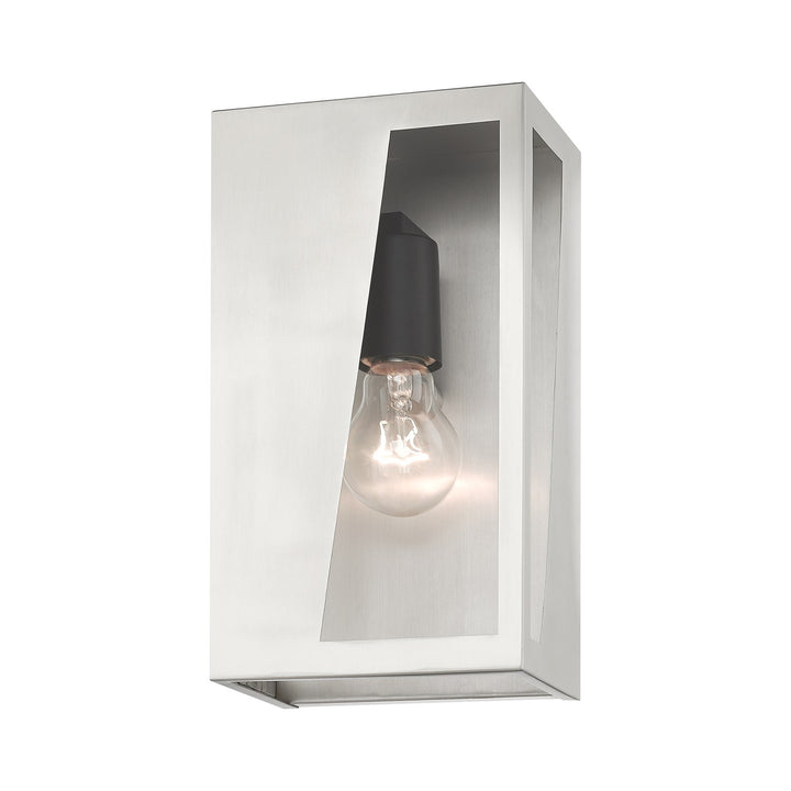1 Light Brushed Nickel Outdoor Medium Ada Wall Lantern With Black Finish Accents