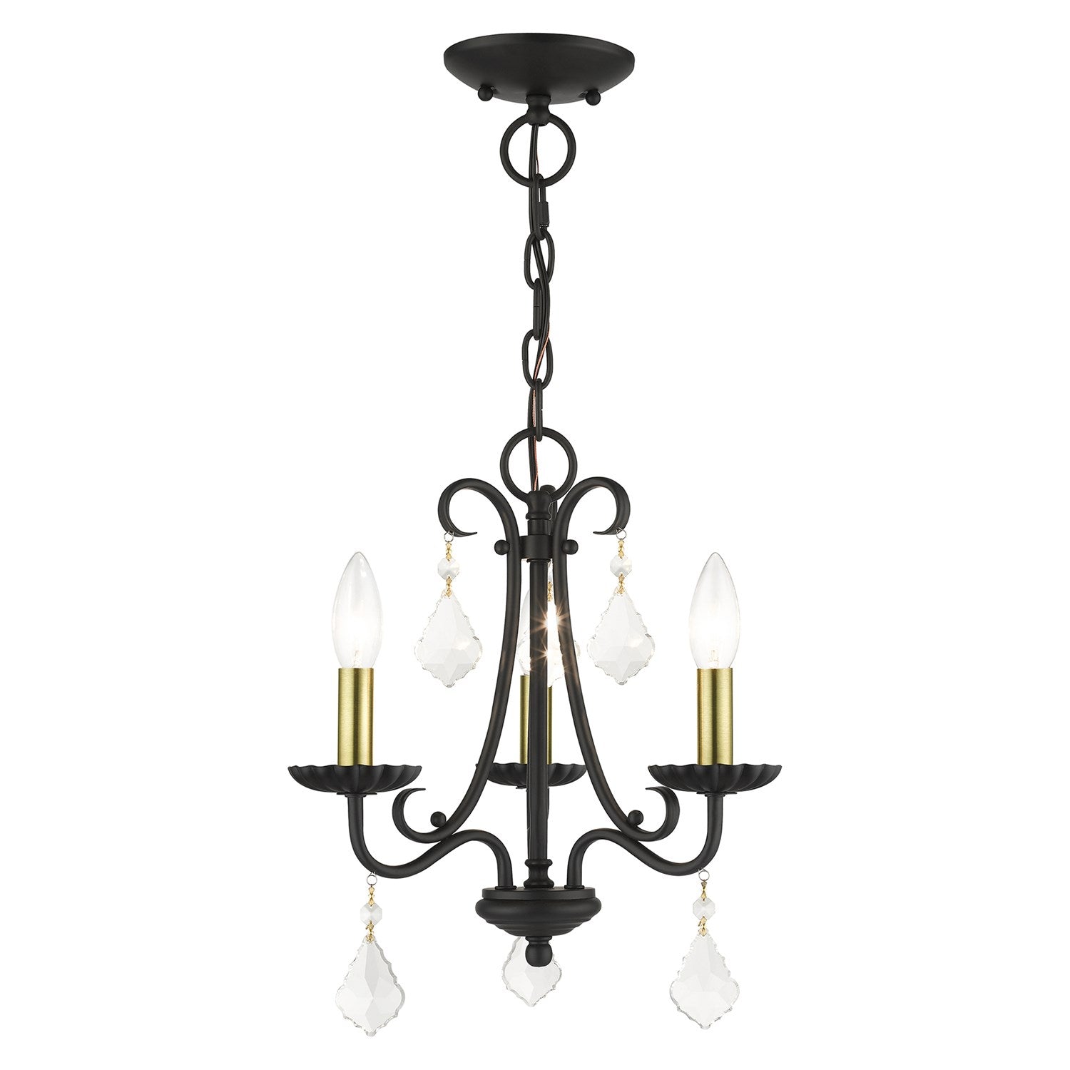 3 Light Black Mini Chandelier With Antique Brass Finish Accents by Livex Lighting