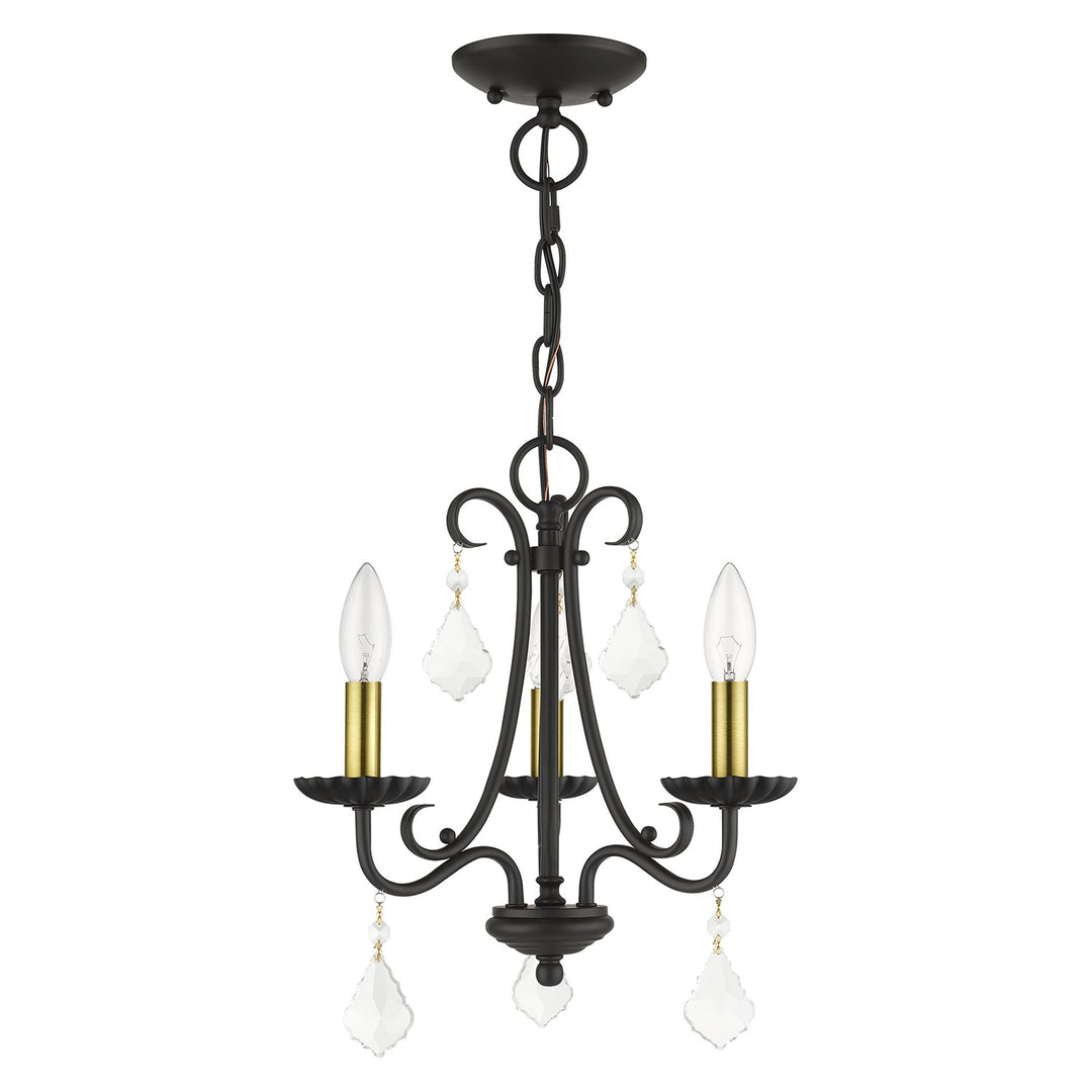 3 Light Black Mini Chandelier With Antique Brass Finish Accents
