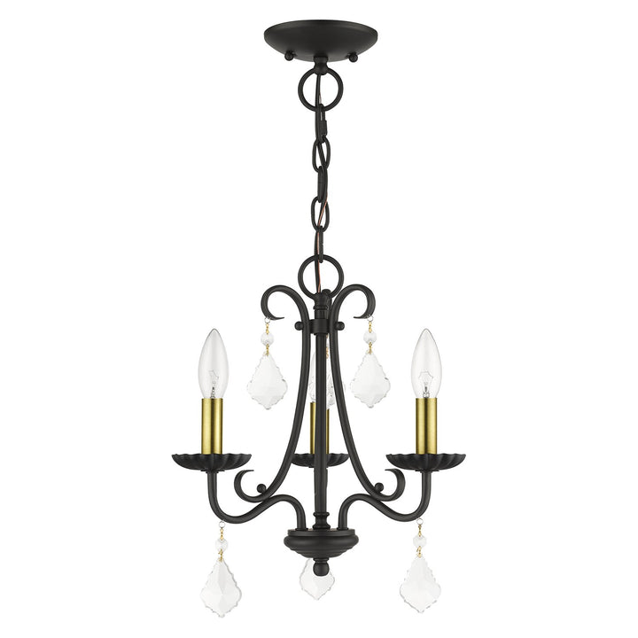 3 Light Black Mini Chandelier With Antique Brass Finish Accents