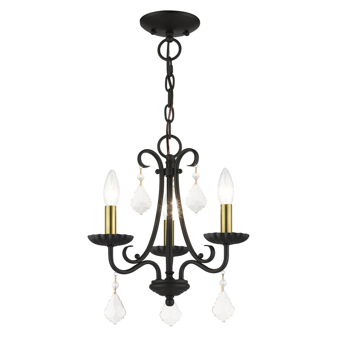 3 Light Black Mini Chandelier With Antique Brass Finish Accents