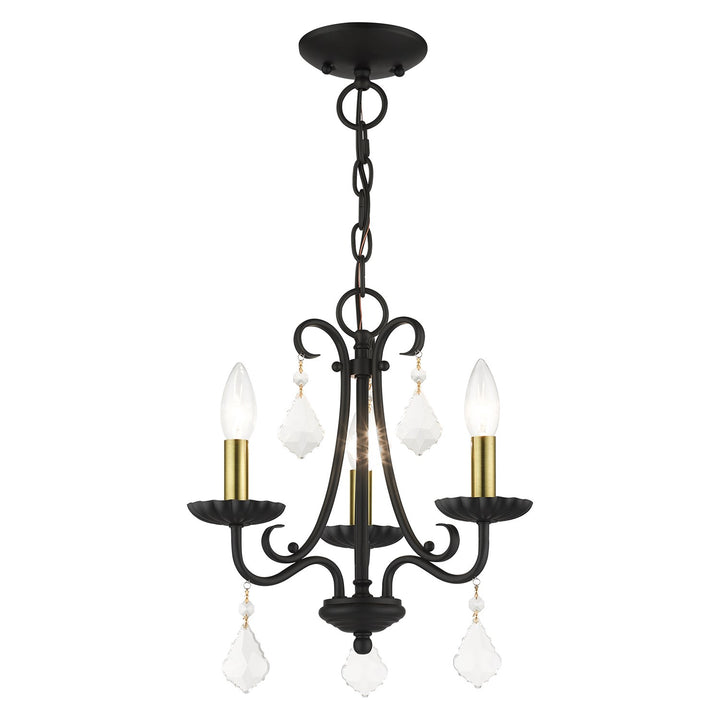3 Light Black Mini Chandelier With Antique Brass Finish Accents