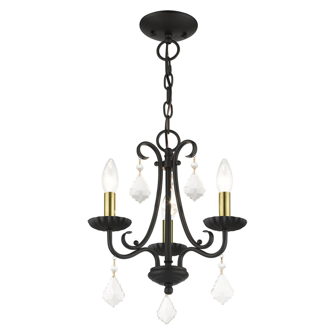 3 Light Black Mini Chandelier With Antique Brass Finish Accents